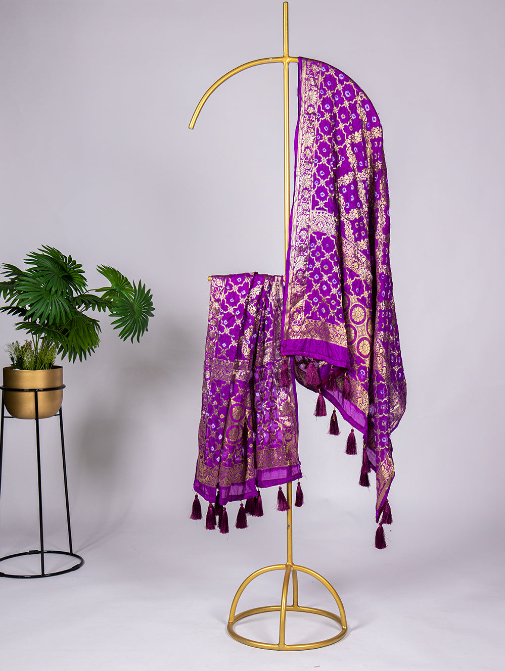 Purple Bandhej Silk Dupatta With Zari Weaving And Tussles