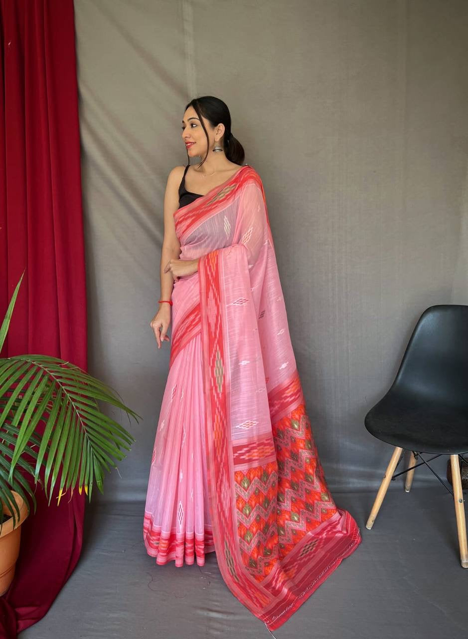 Linen Saree With Chhap Bordered And Ikkat Weaved With Motifs