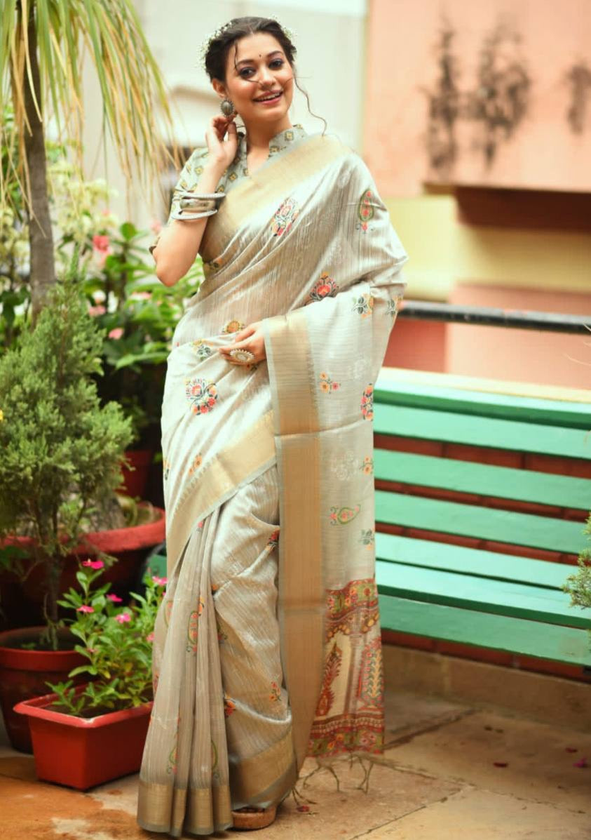 Tussar Silk Saree With Unique Slub Weaving Pattern And Beautiful Print