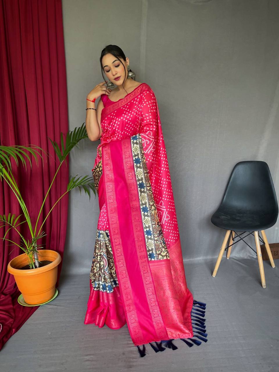 Bandhej With Kalamkari Fusion Sarees