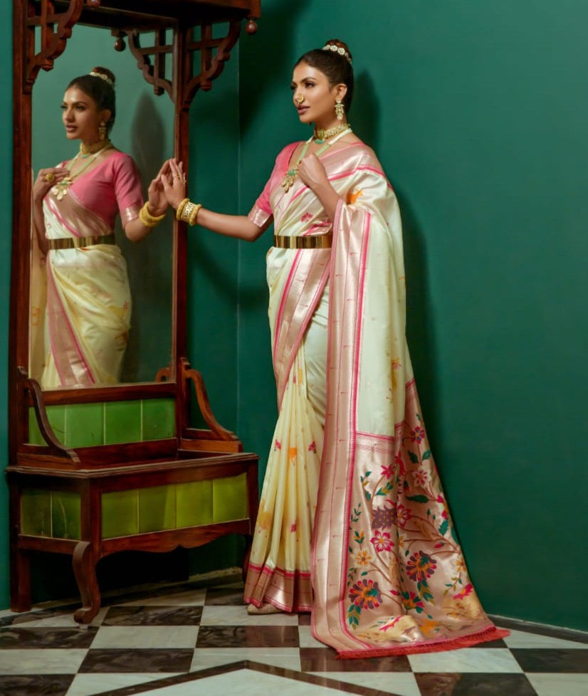Cream Paithani Silk Saree