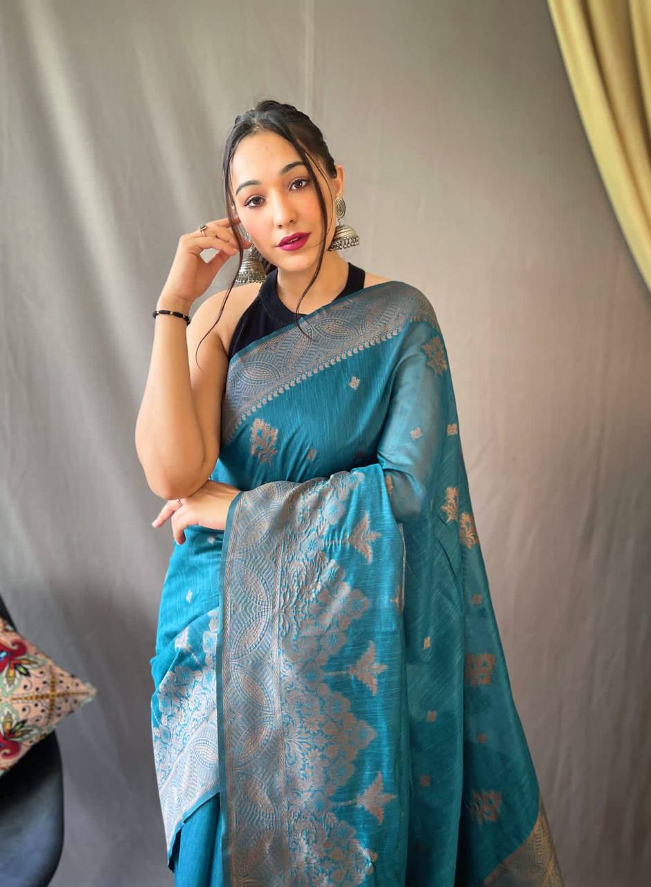 Aqua Blue Pure Linen Tissue Combination Saree