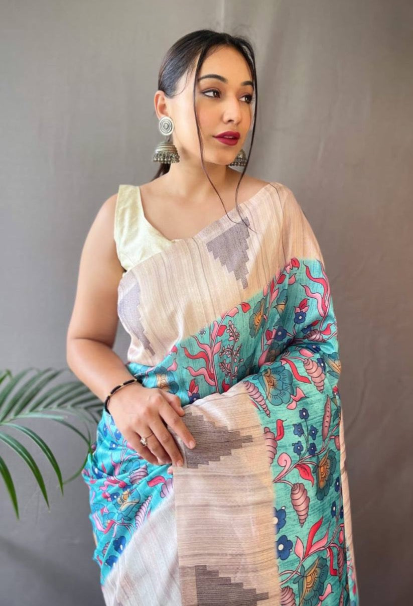 Sky Blue Tusser Sarees With Kalamkari Prints All Over With Woven Temple Border