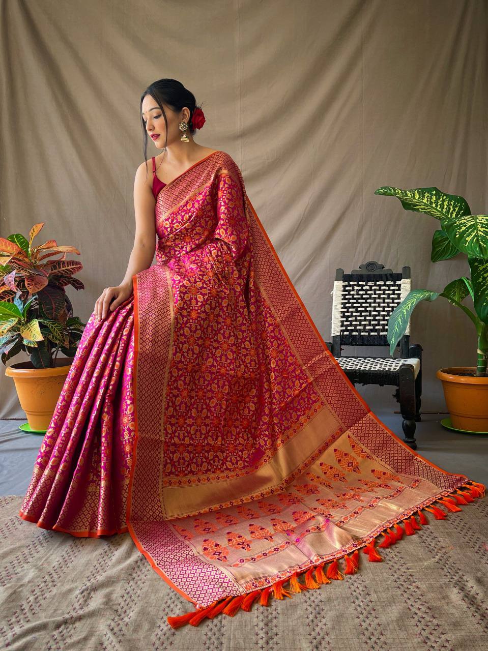 Rani Pure Patola Silk Saree With Contrast Meenakari