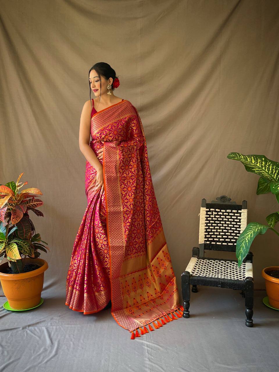 Rani Pure Patola Silk Saree With Contrast Meenakari