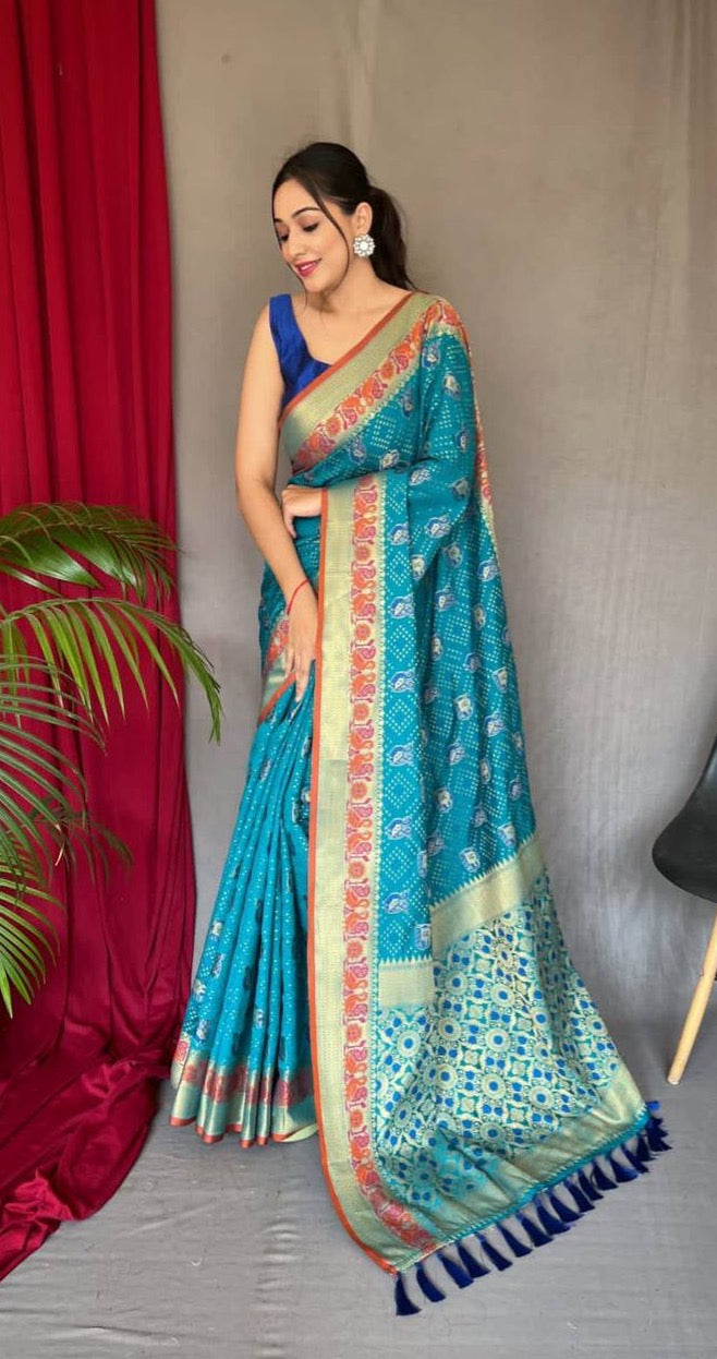 Aqua Blue Pure Kachii Patola Silk Saree With Rich Pallu
