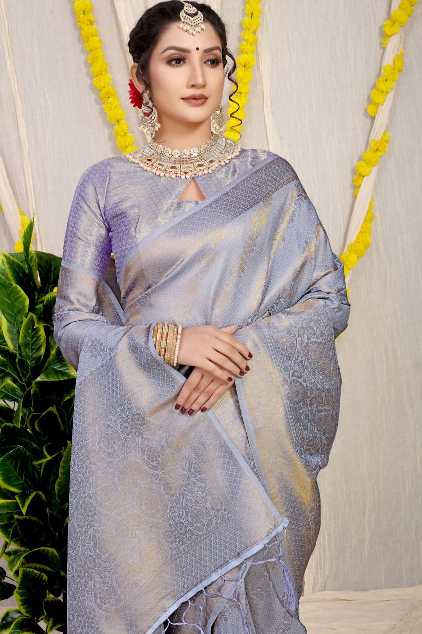 Grey Pure Kanchipuram Silk Sarees In Pure Gold Zari