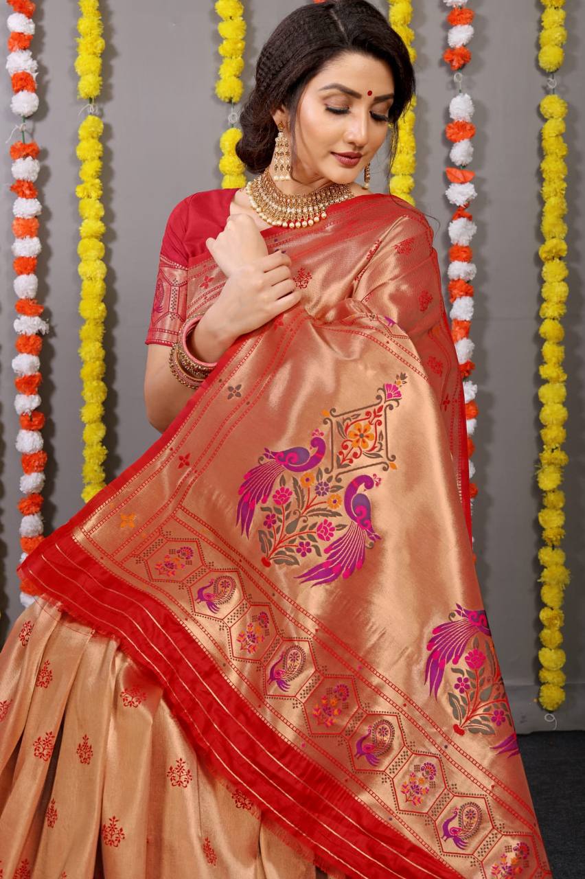 Red Paithani Pure silk handloom saree with Pure Jari