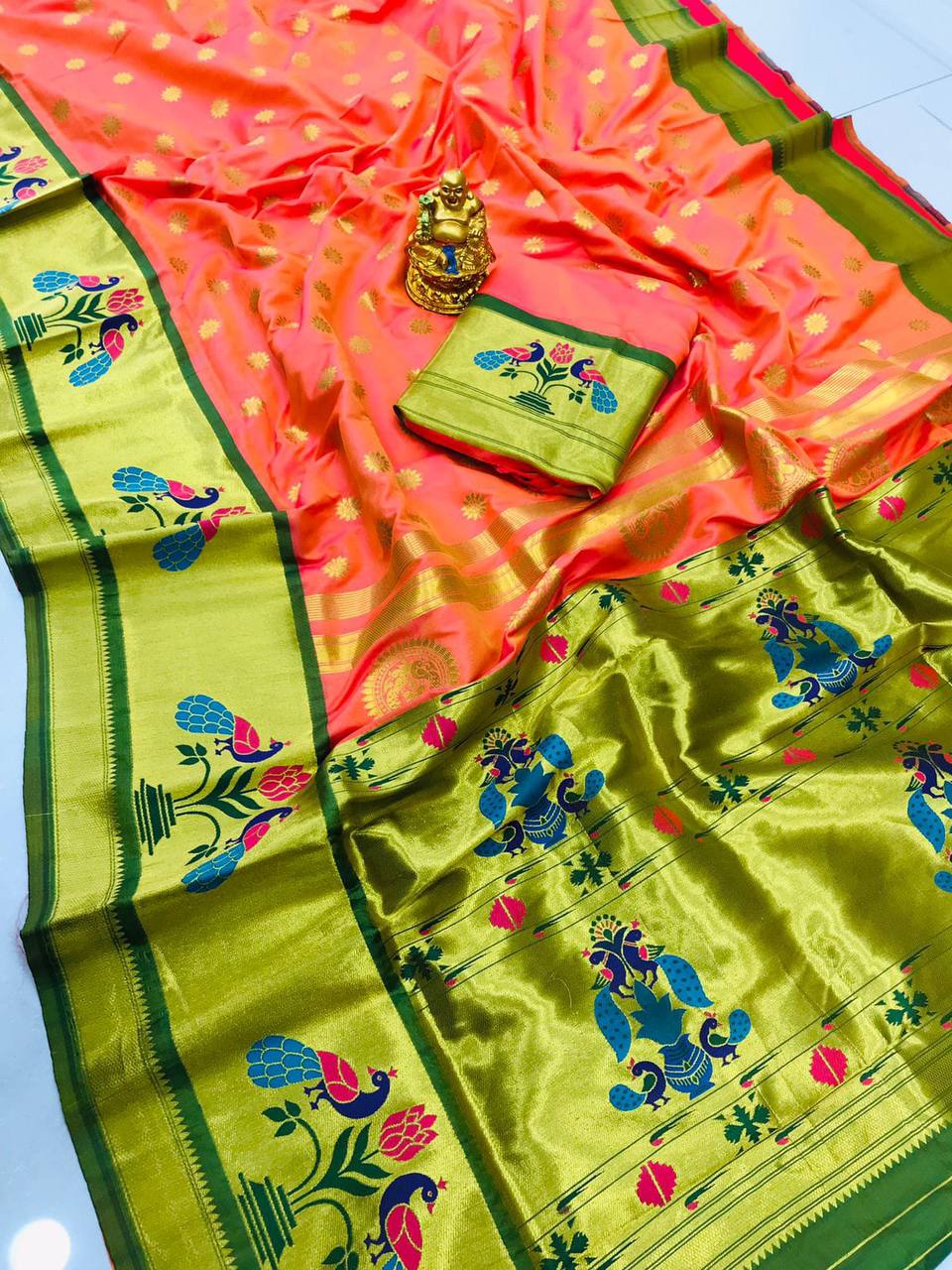 Peach Paithani Pure Silk Handloom Saree With Pure Jari