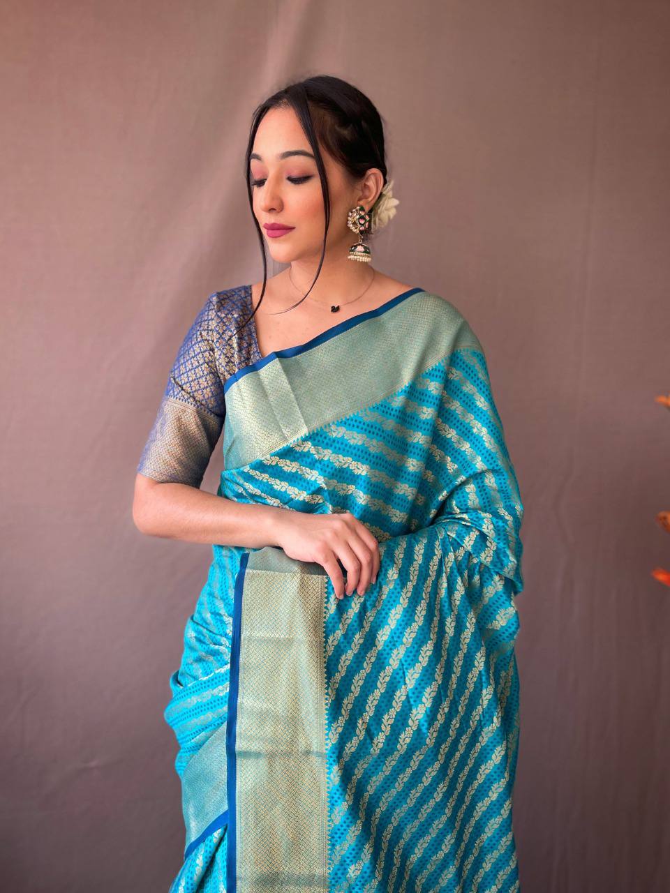 Aqua-Blue Banarasi Beautiful Patola Sarees With Leheriya Gold Zari Weaves