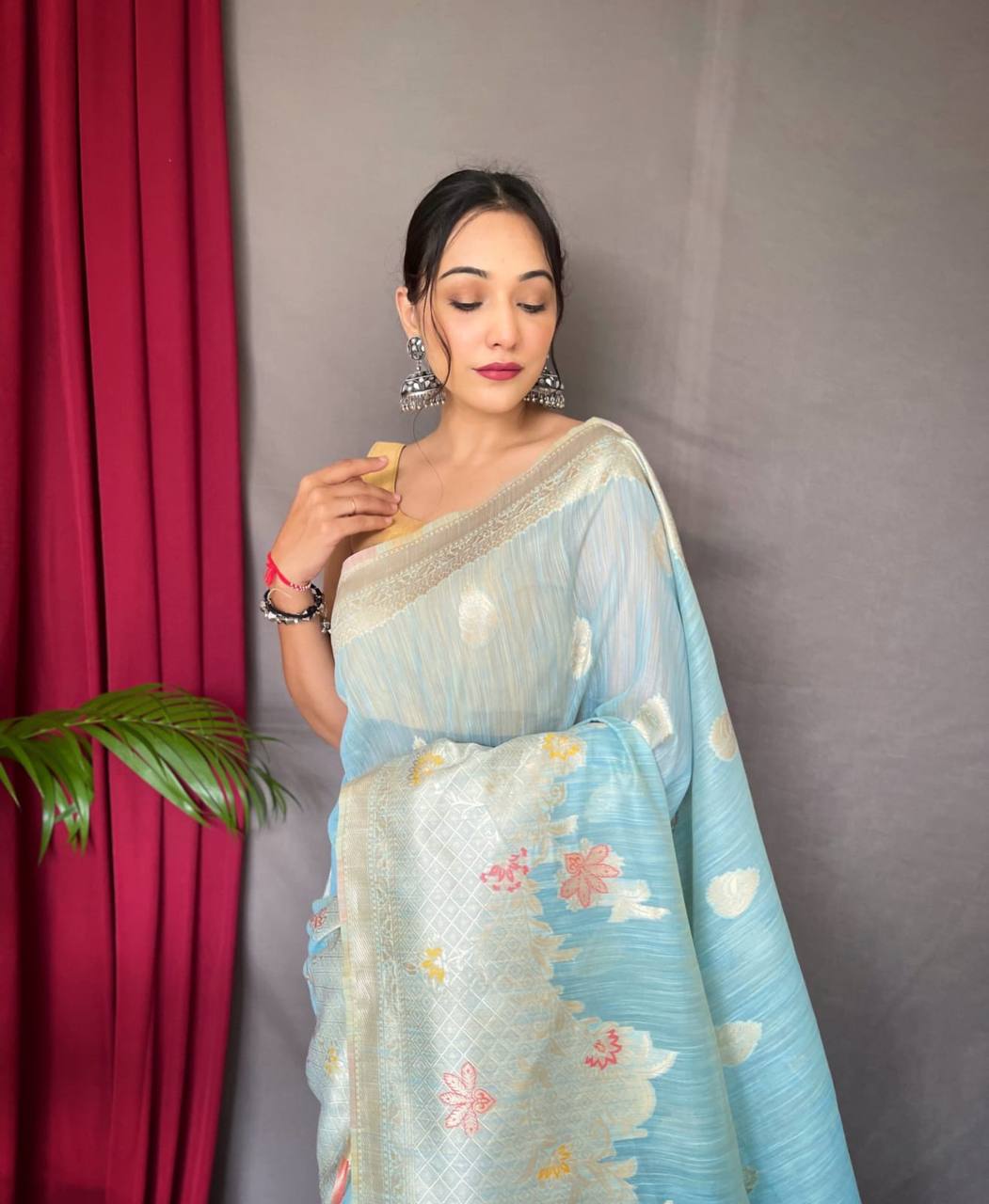 Aqua-Blue Pure Linen Slub Silk Saree With Zari Weaving