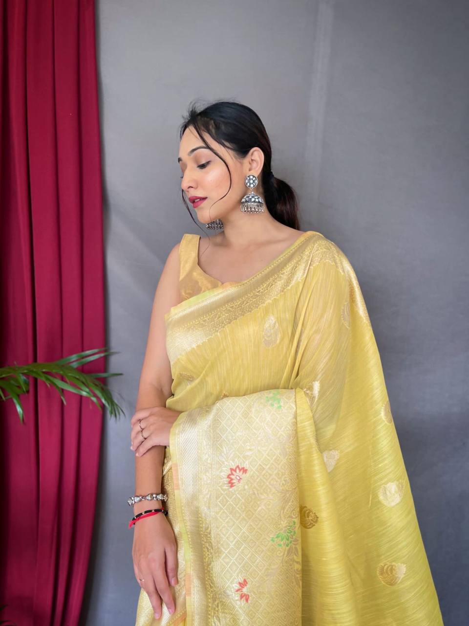 Yellow Pure Linen Slub Silk Saree With Zari Weaving