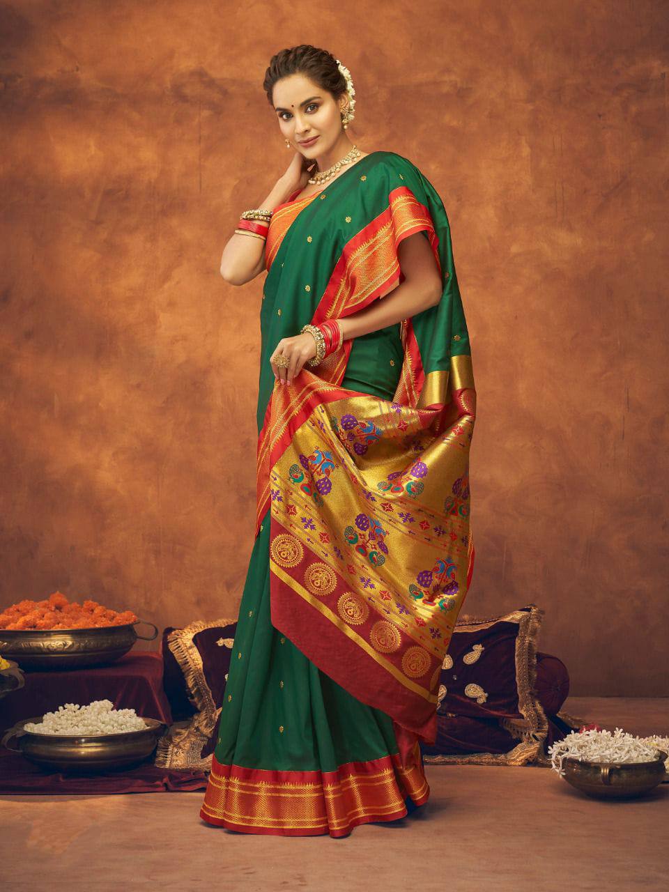 Dark Green Soft Silk With Gold Zari