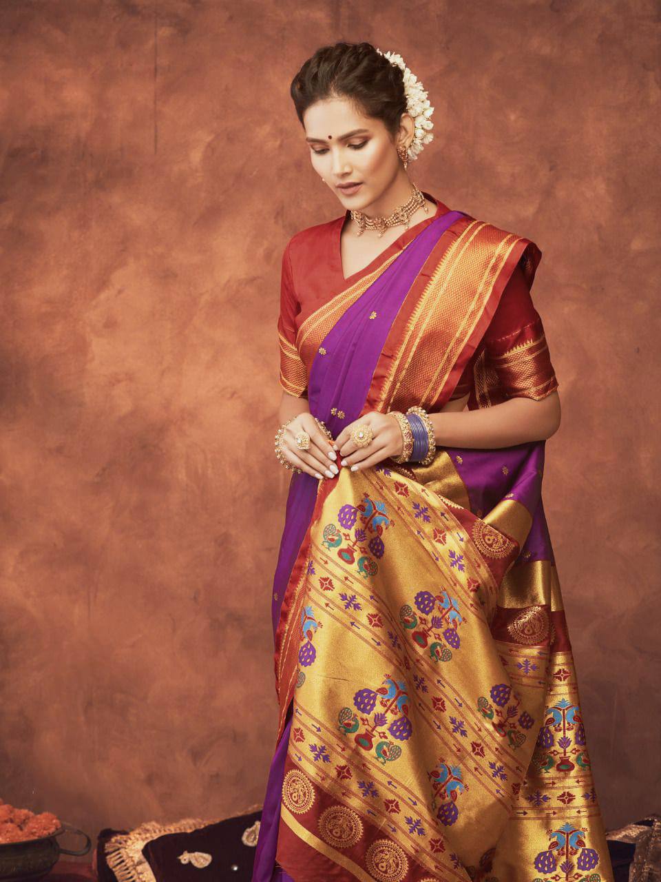 Purple Soft Silk With Gold Zari