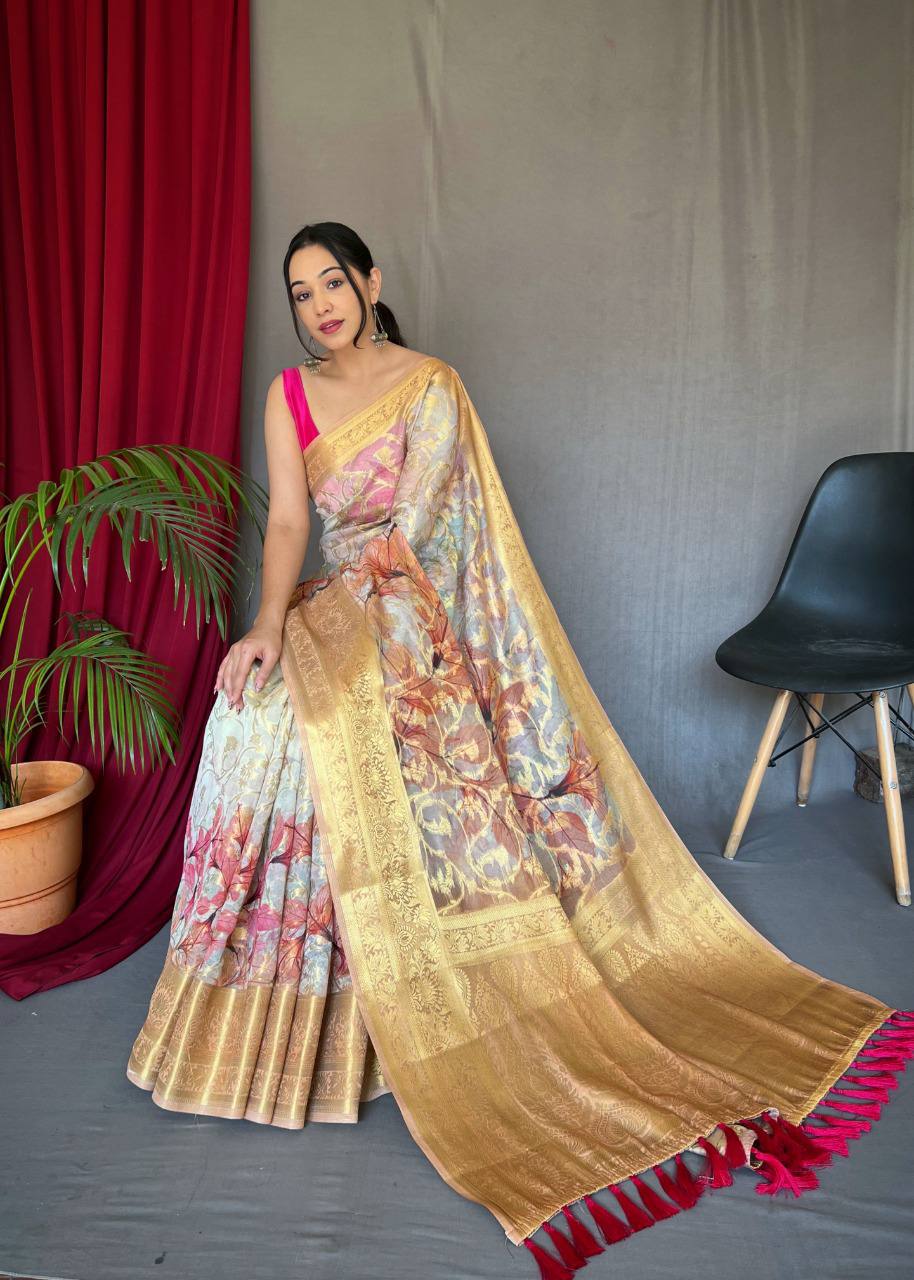 Orange Organza Zari Sweaving Saree With Gold Zari Weaved Border