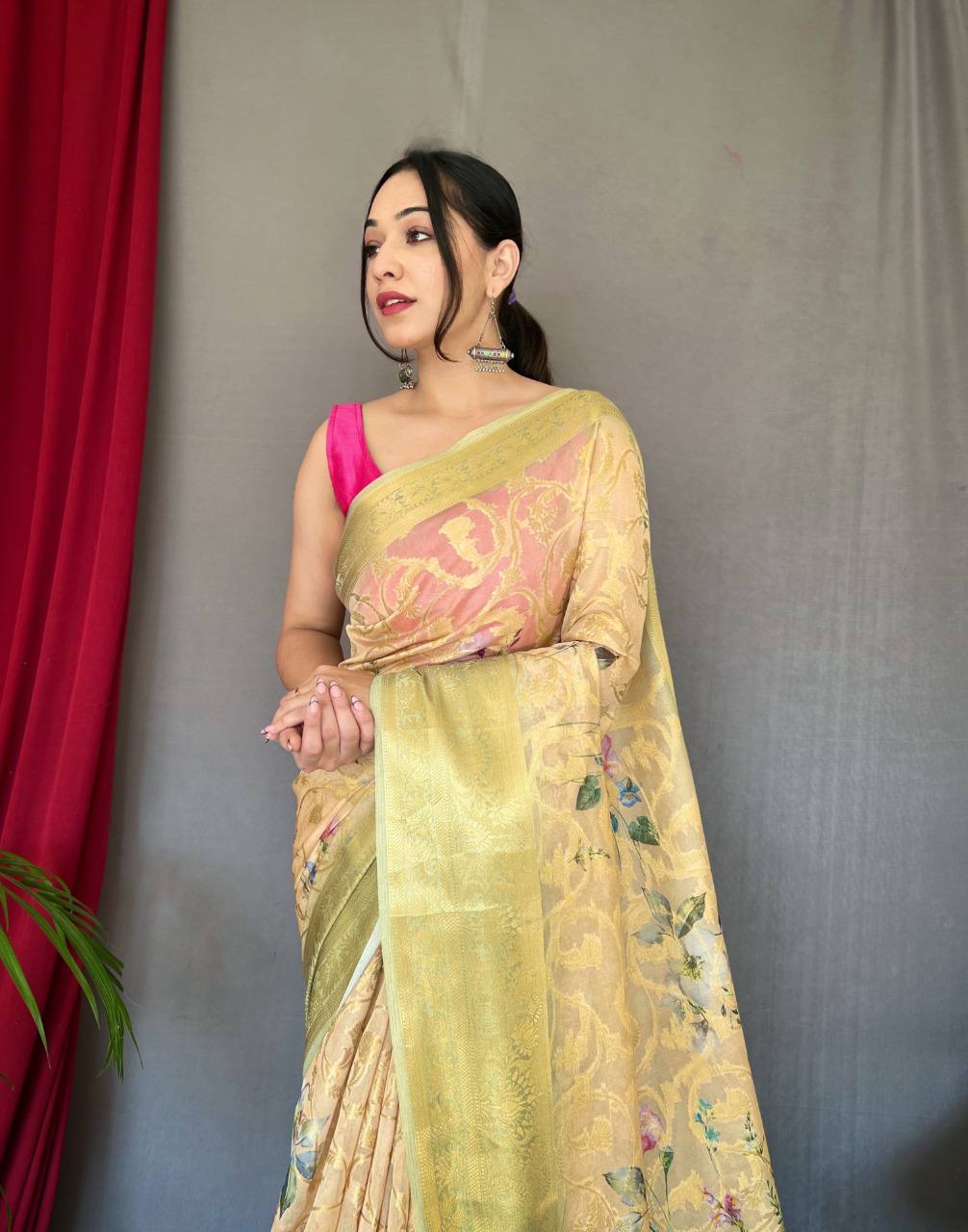 Yellow Organza Zari Sweaving Saree With Gold Zari Weaved Border