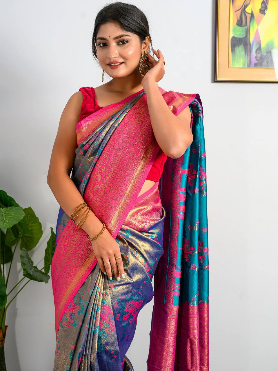 Blue Pure Heavy Golden Contrast Kanjeevaram Silk Saree