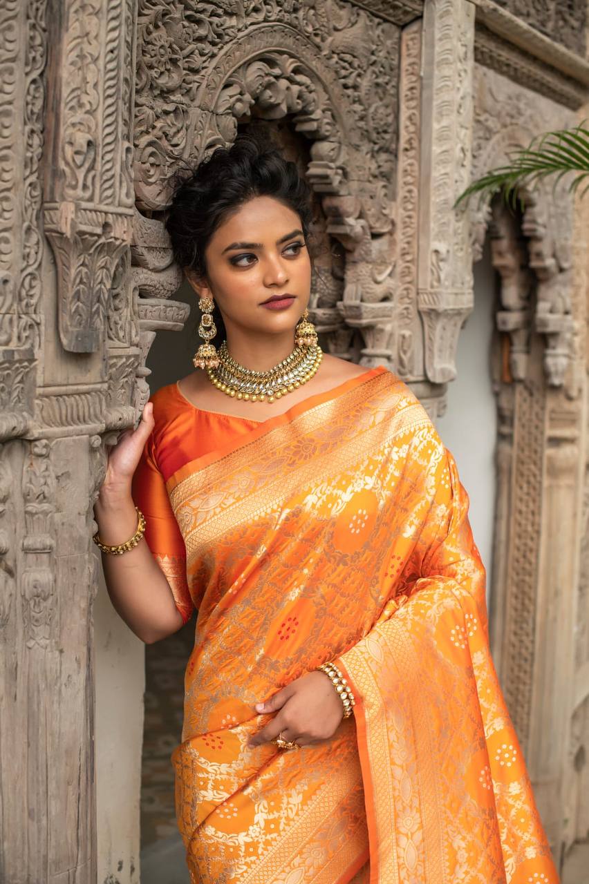 Yellow Pure Banarasi Silk Saree With Bandhani Meenakari Woven