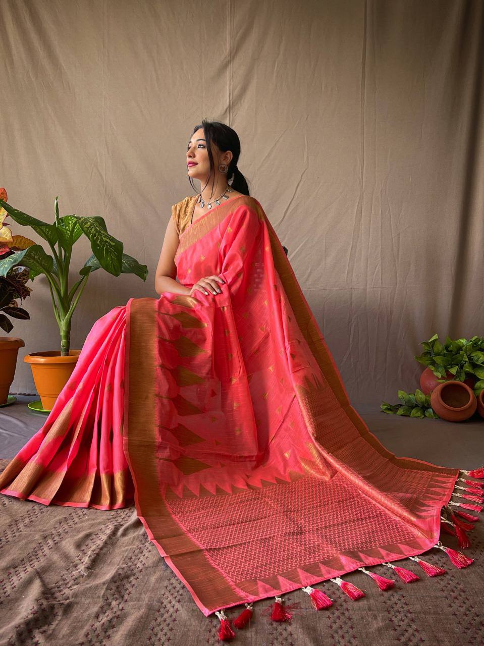 Rani Cotton Slub Sarees With Copper Zari Temple Weaving Border