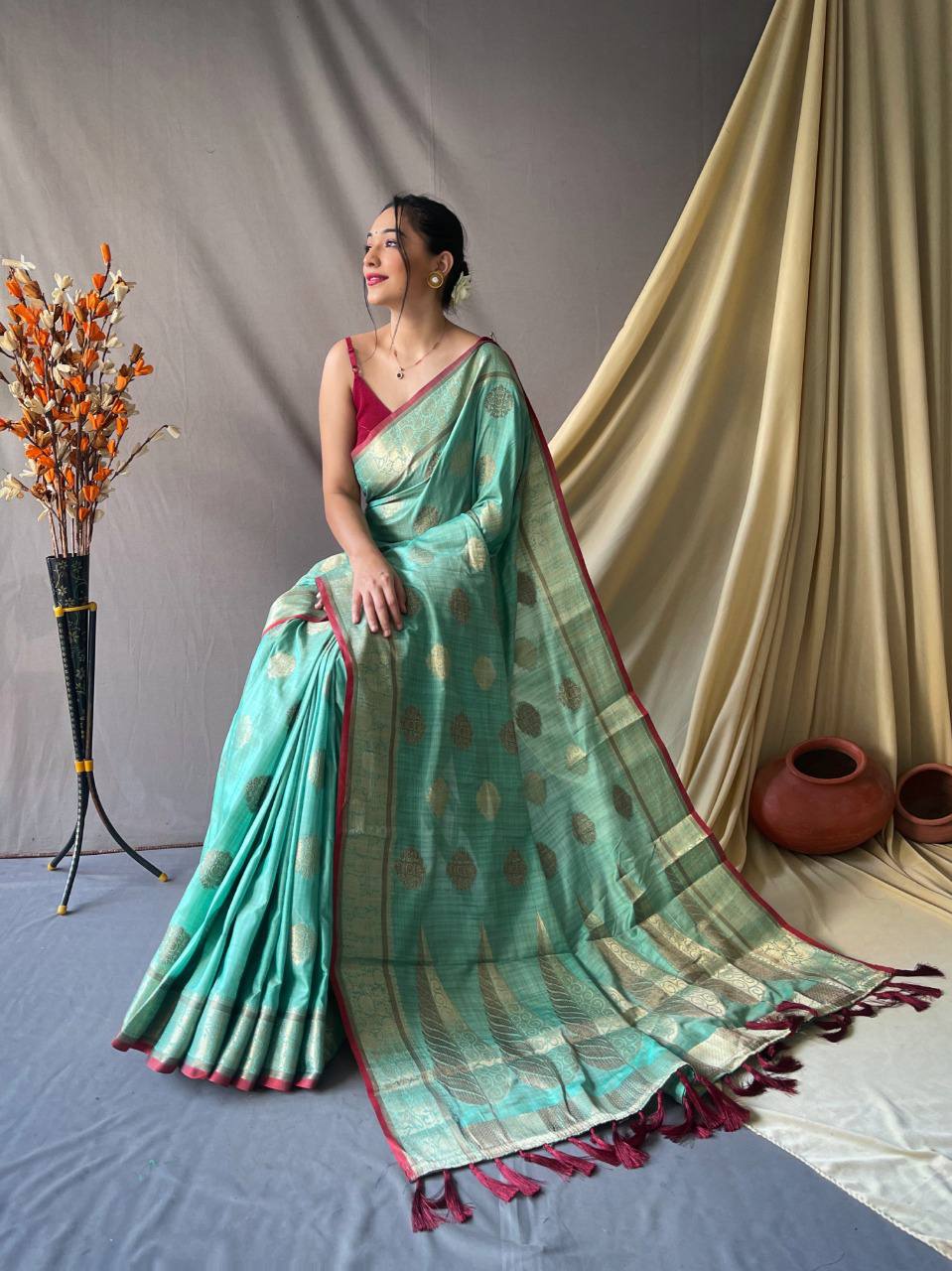 Sky Blue Pure Cotton Linen Saree With Copper And Gold Zari Mottifs