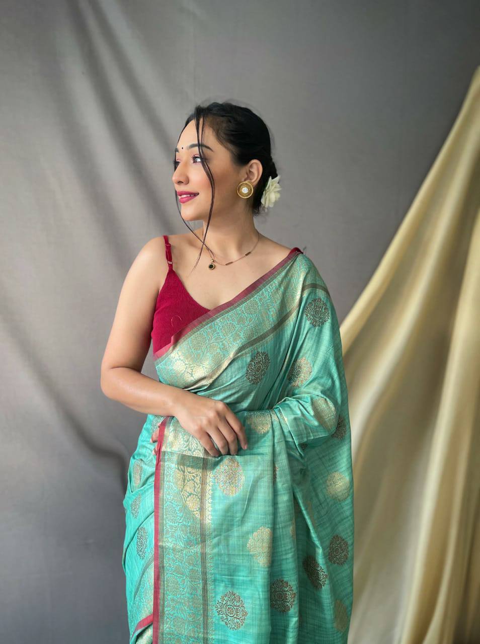 Sky Blue Pure Cotton Linen Saree With Copper And Gold Zari Mottifs