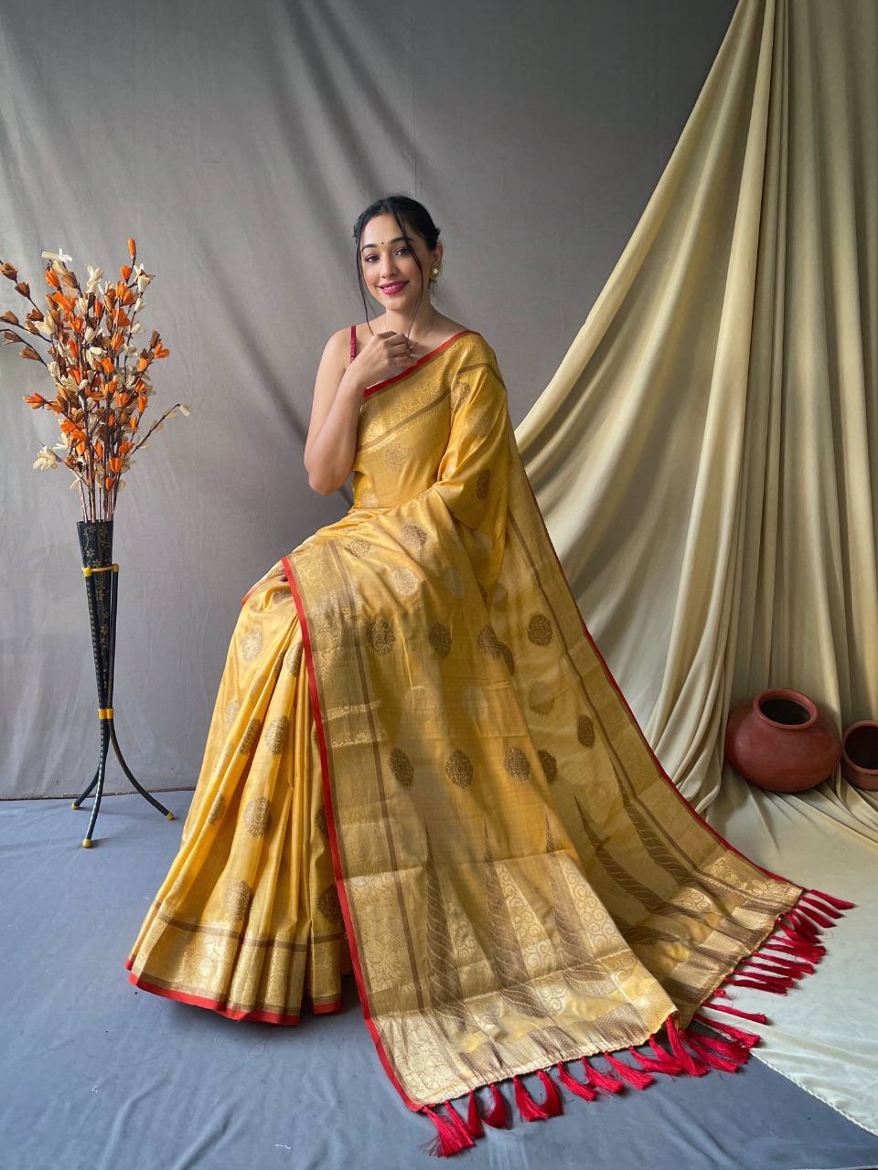 Yellow Pure Cotton Linen Saree With Copper And Gold Zari Mottifs