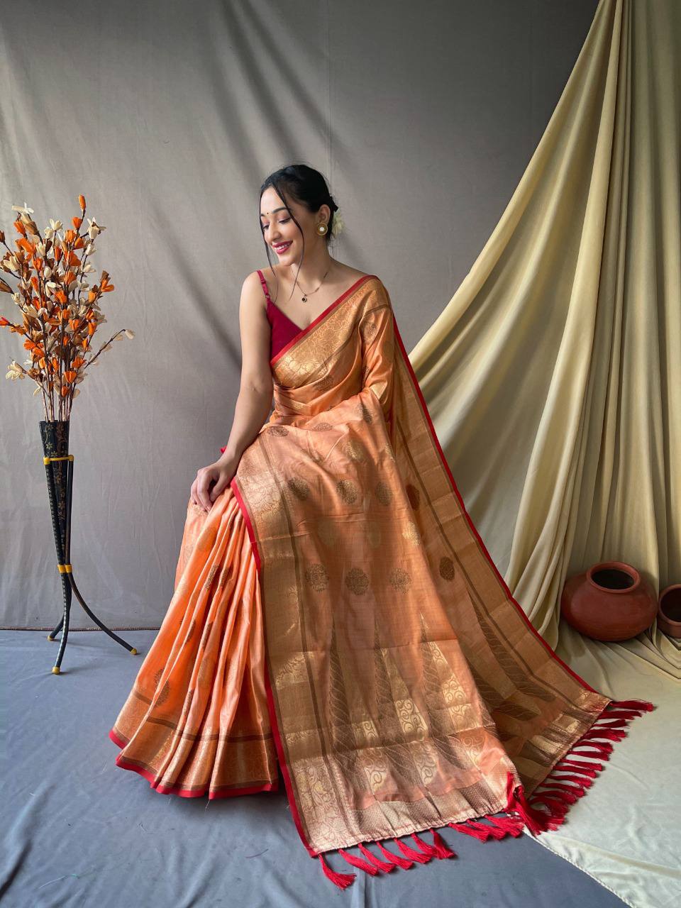 Orange Pure Cotton Linen Saree With Copper And Gold Zari Mottifs