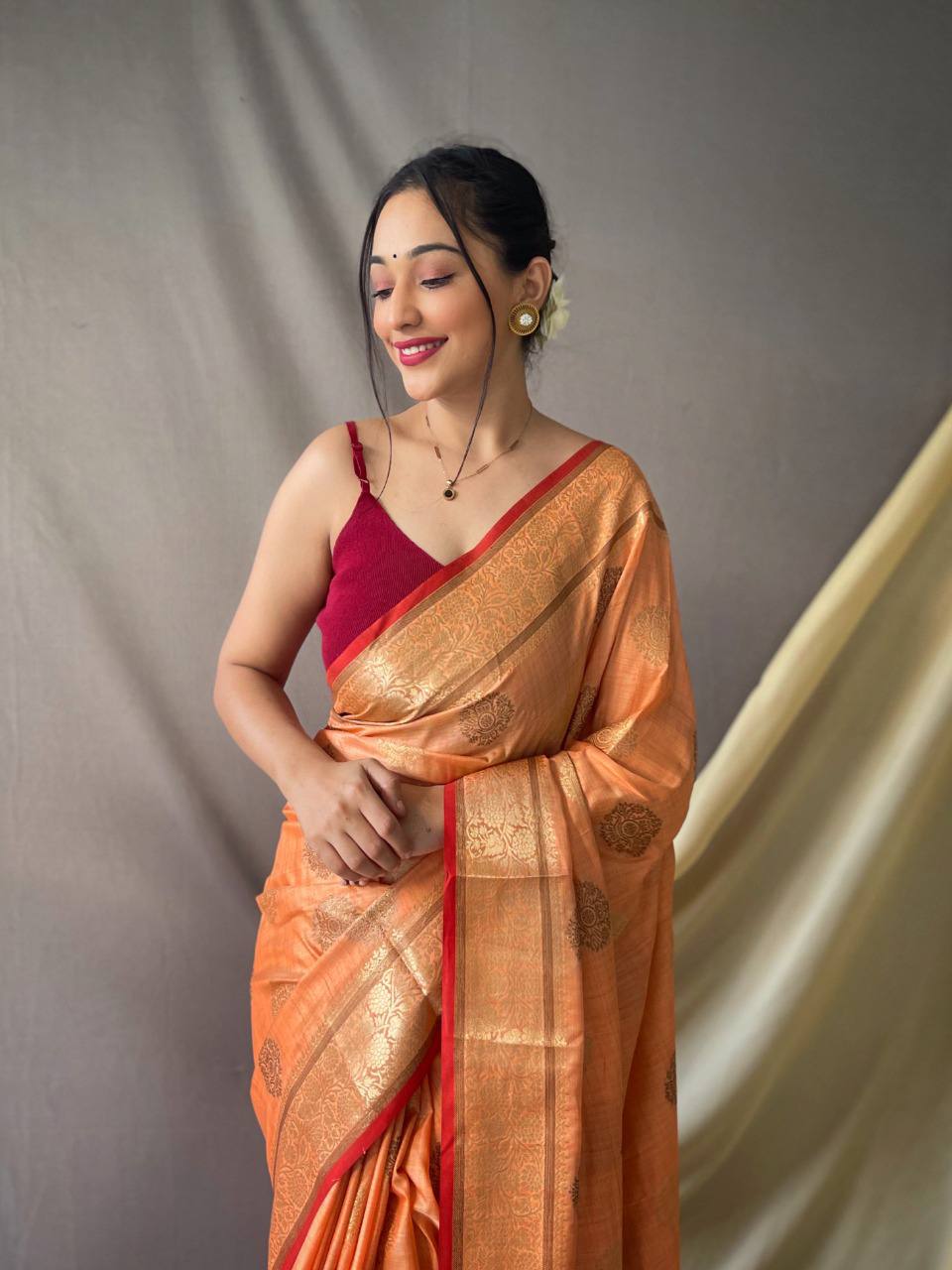 Orange Pure Cotton Linen Saree With Copper And Gold Zari Mottifs