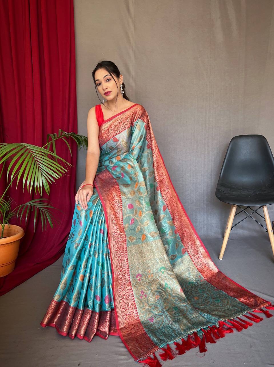 Sky Blue Pure Tissue Silk Saree With Zari Weaving