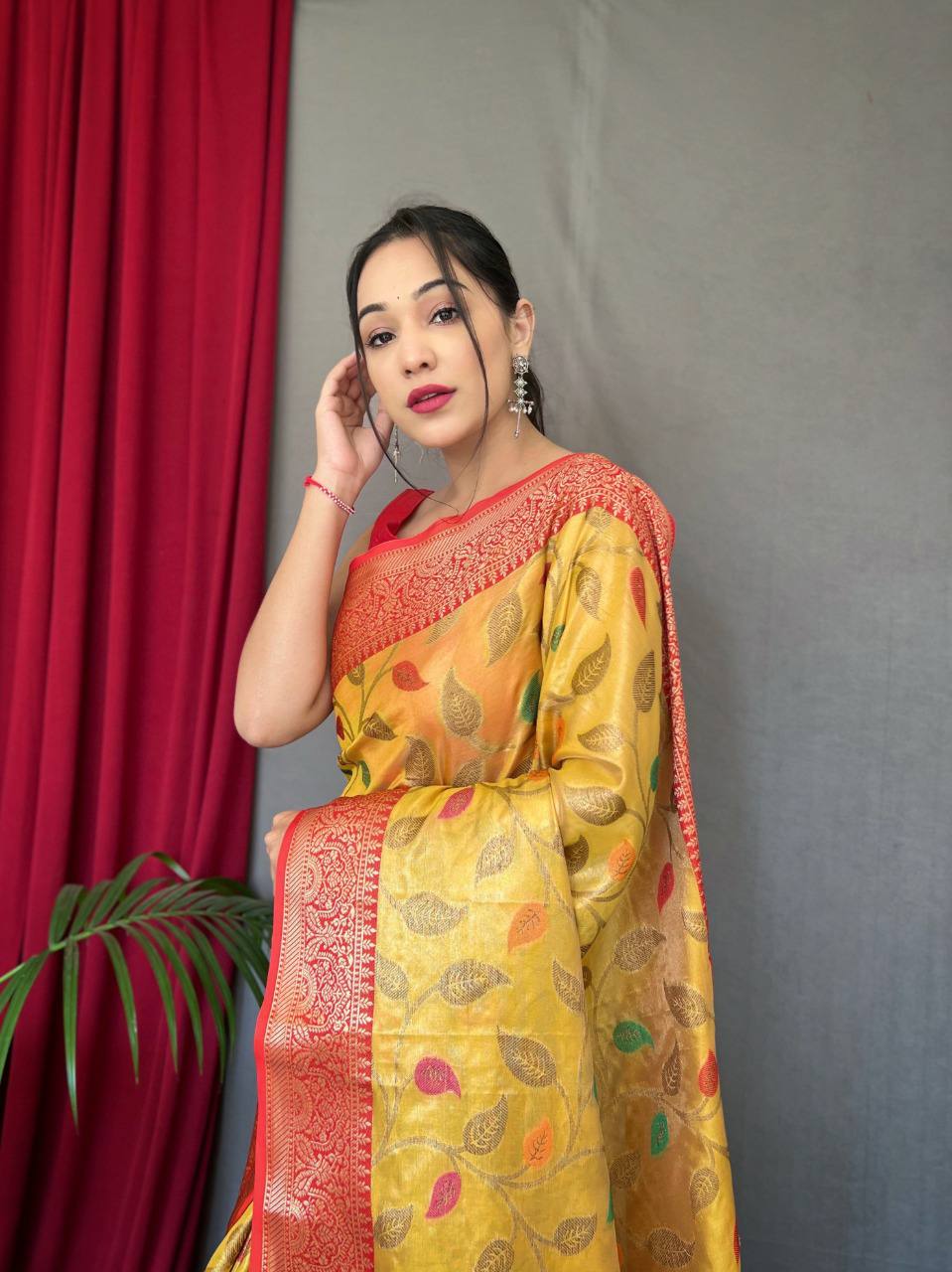 Yellow Pure Tissue Silk Saree With Zari Weaving