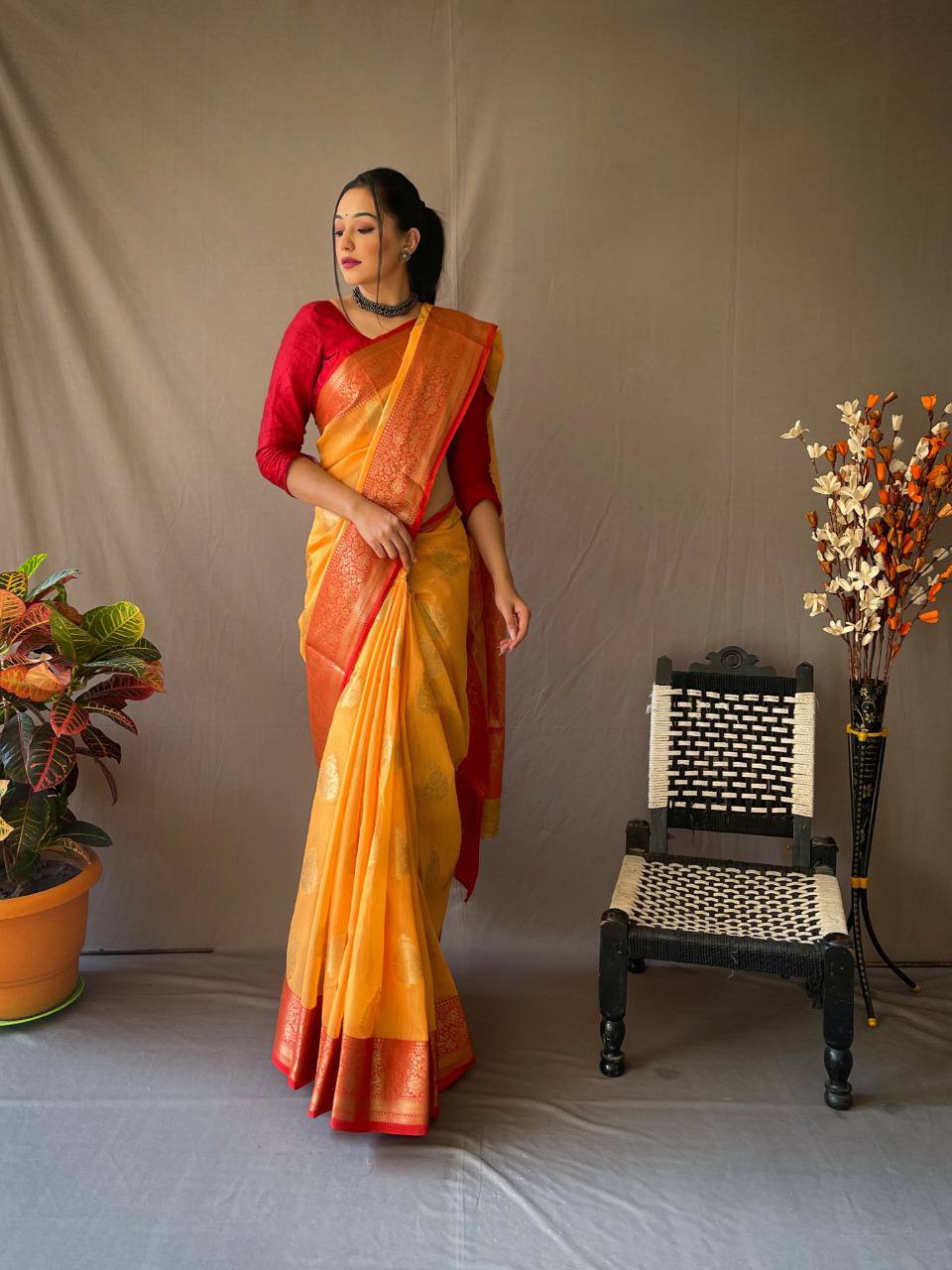 Yellow Linen Saree With Chap Border
