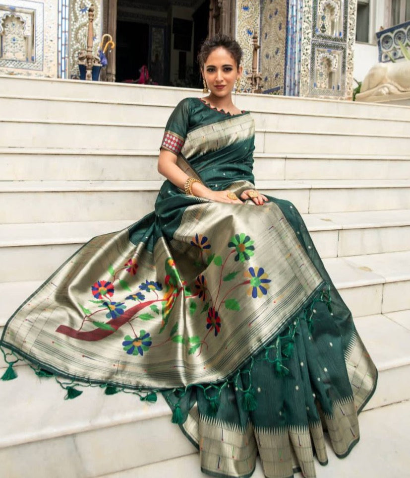 Green Tussar Silk Pure Paithani Saree With Zari Woven
