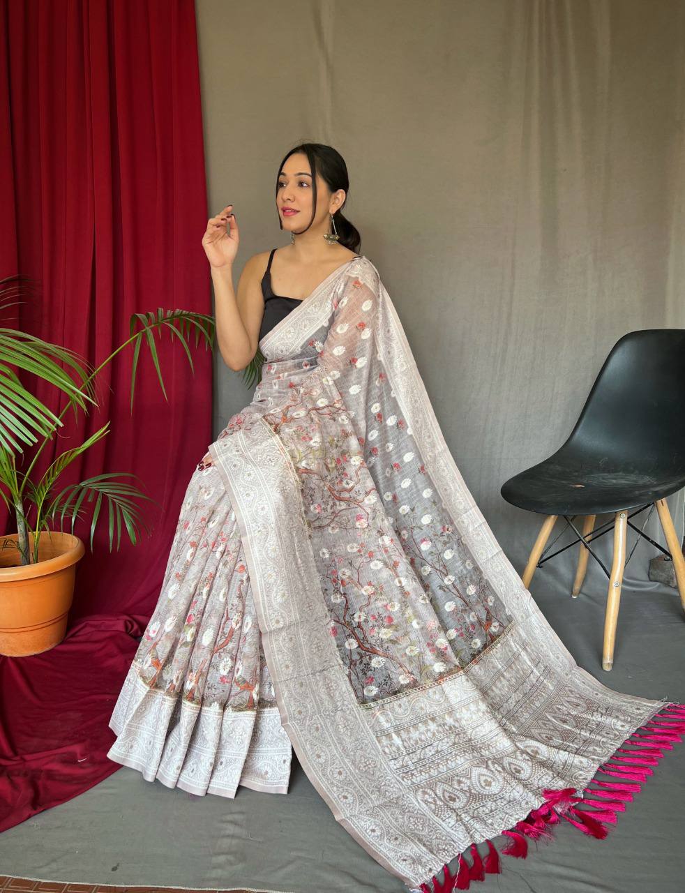Grey Pure Cotton Linen Saree With Chikankari Lucknowi Work