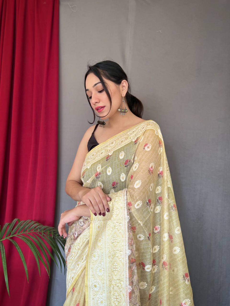 Yellow Pure Cotton Linen Saree With Chikankari Lucknowi Work