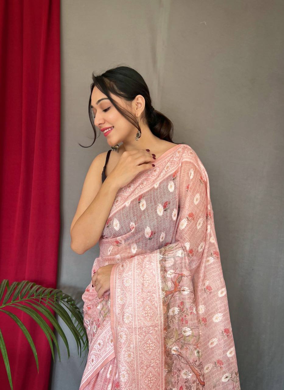 Pink Pure Cotton Linen Saree With Chikankari Lucknowi Work