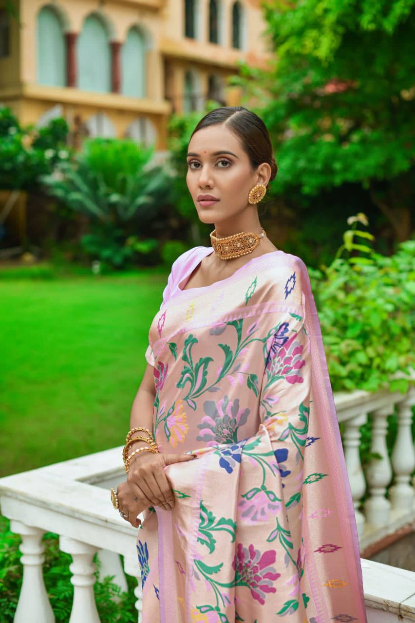 Baby Pink Banarasi Soft Silk Paithani Saree