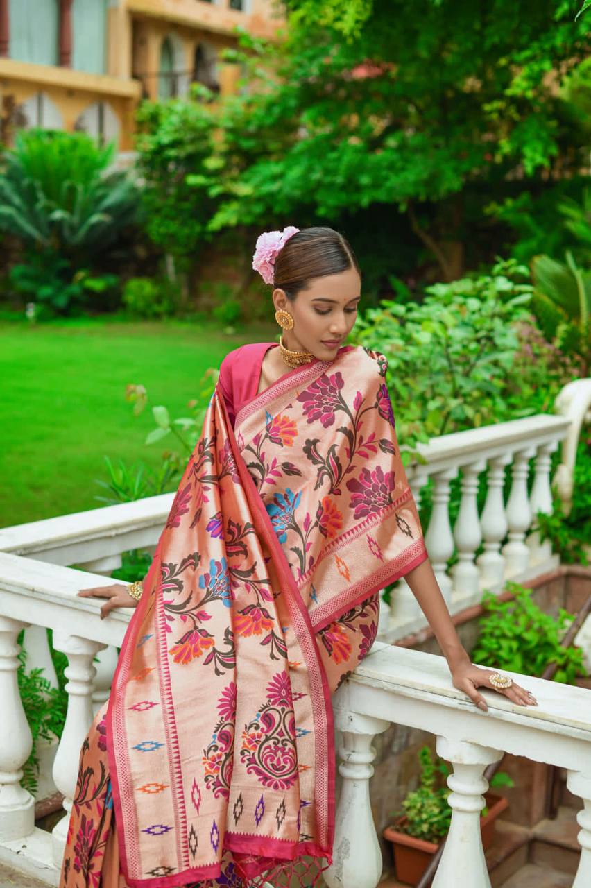 Peach Banarasi Soft Silk Paithani Saree