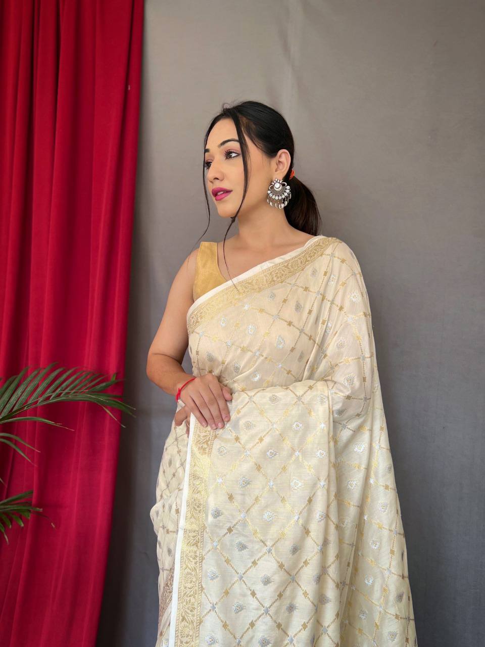 Cream Pure Muslin Soft Silk Saree