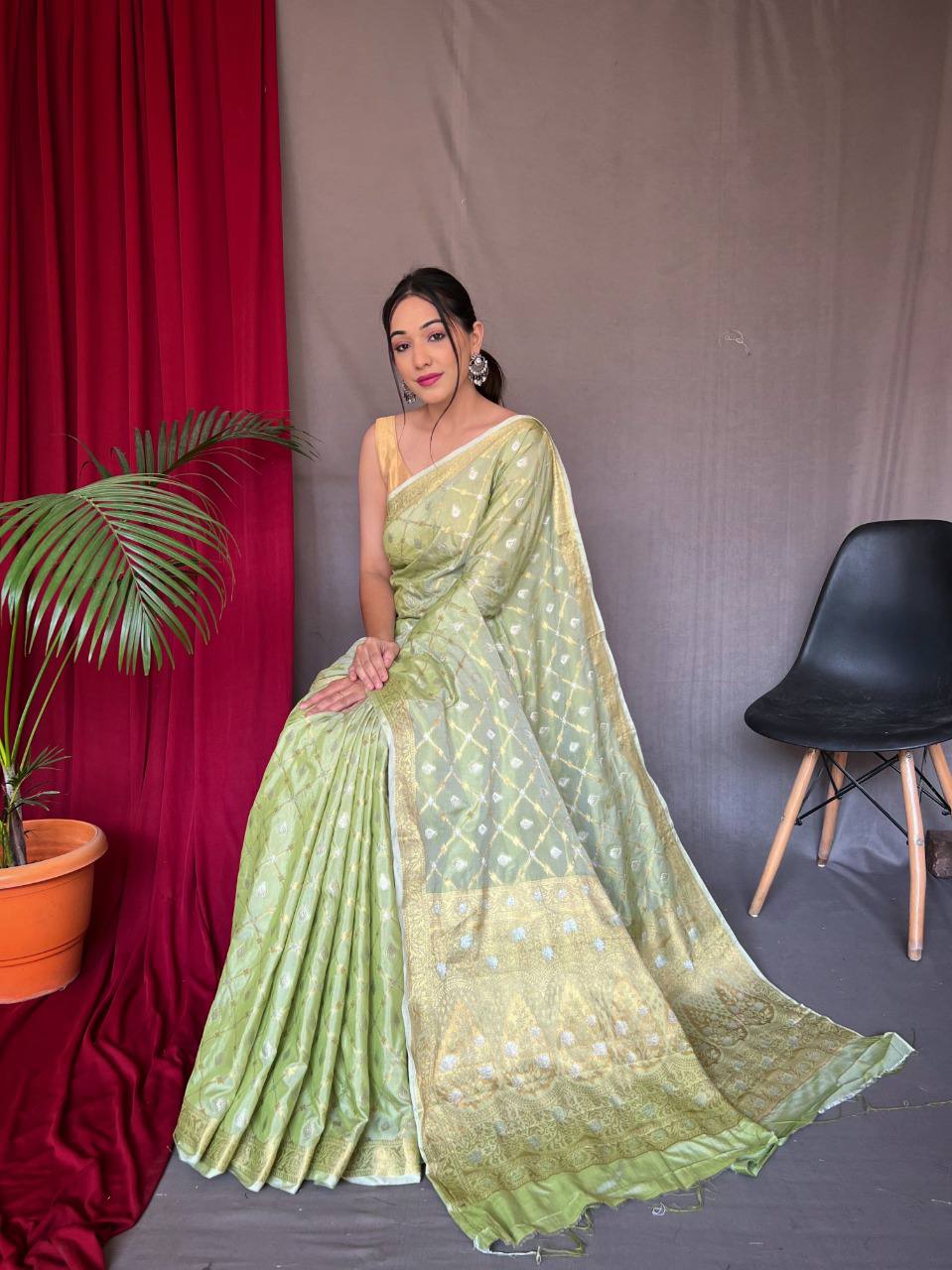 Pista Pure Muslin Soft Silk Saree
