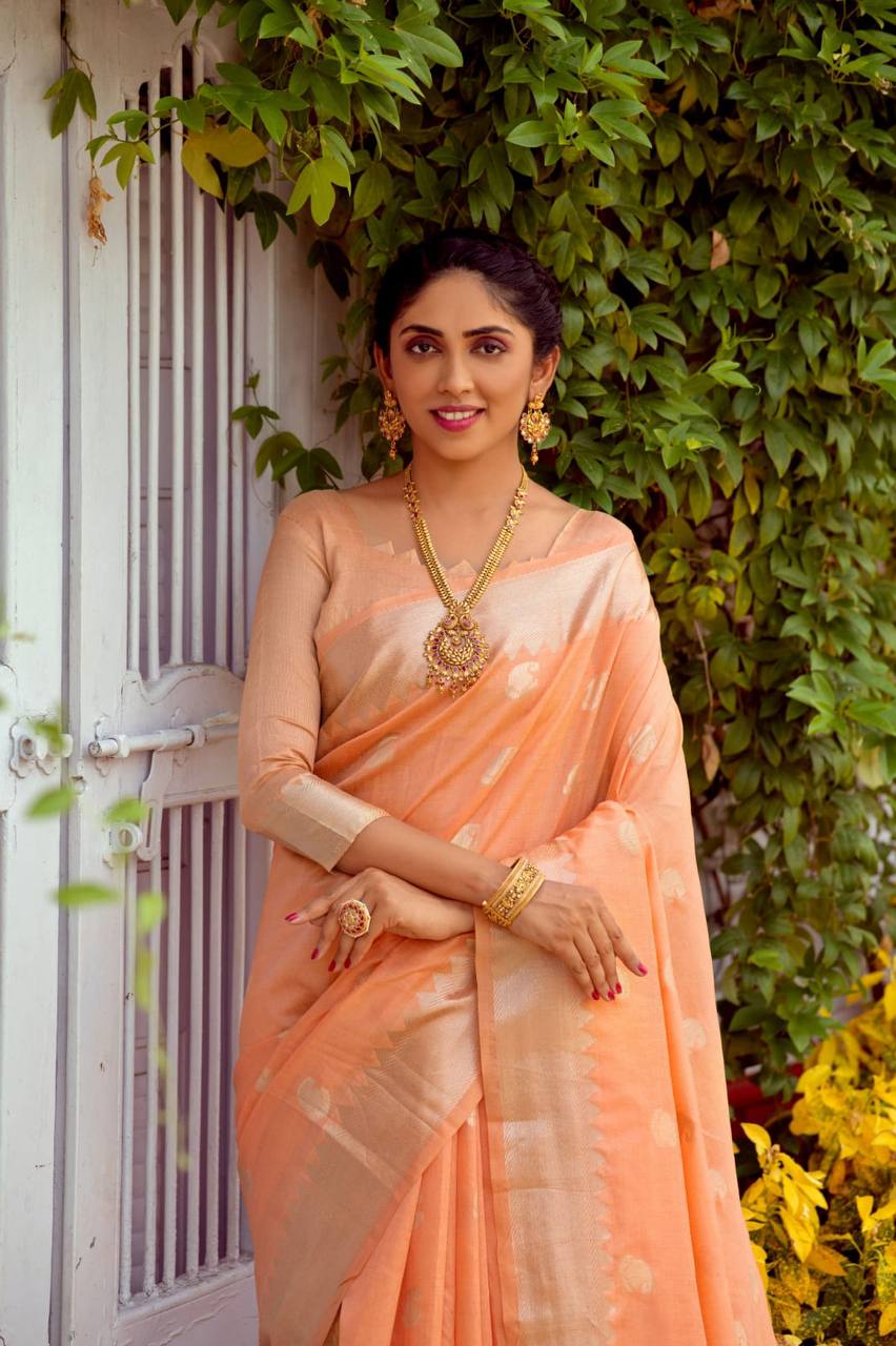 Orange Soft Assam Silk Saree With Zari Weaves Butties