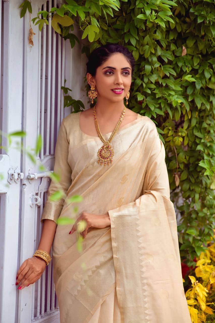 Cream Soft Assam Silk Saree With Zari Weaves Butties