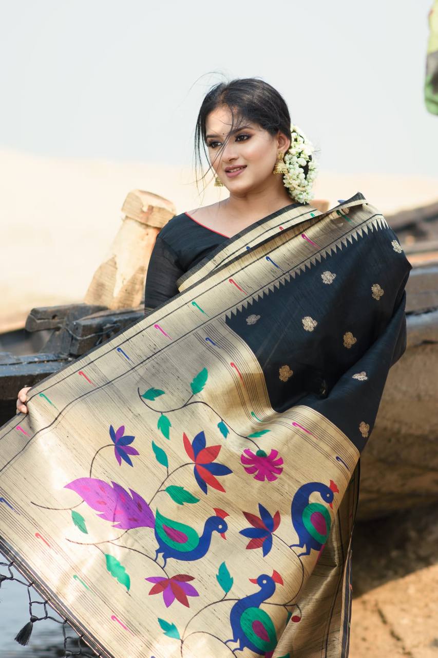 Black Banarasi Tussar Silk Paithani Saree With Pure Zari Woven Border