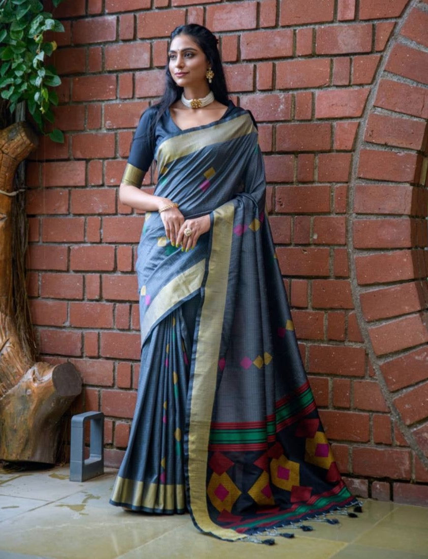 Soft Raw Silk Weaving Saree With Ikkat Woven Pallu