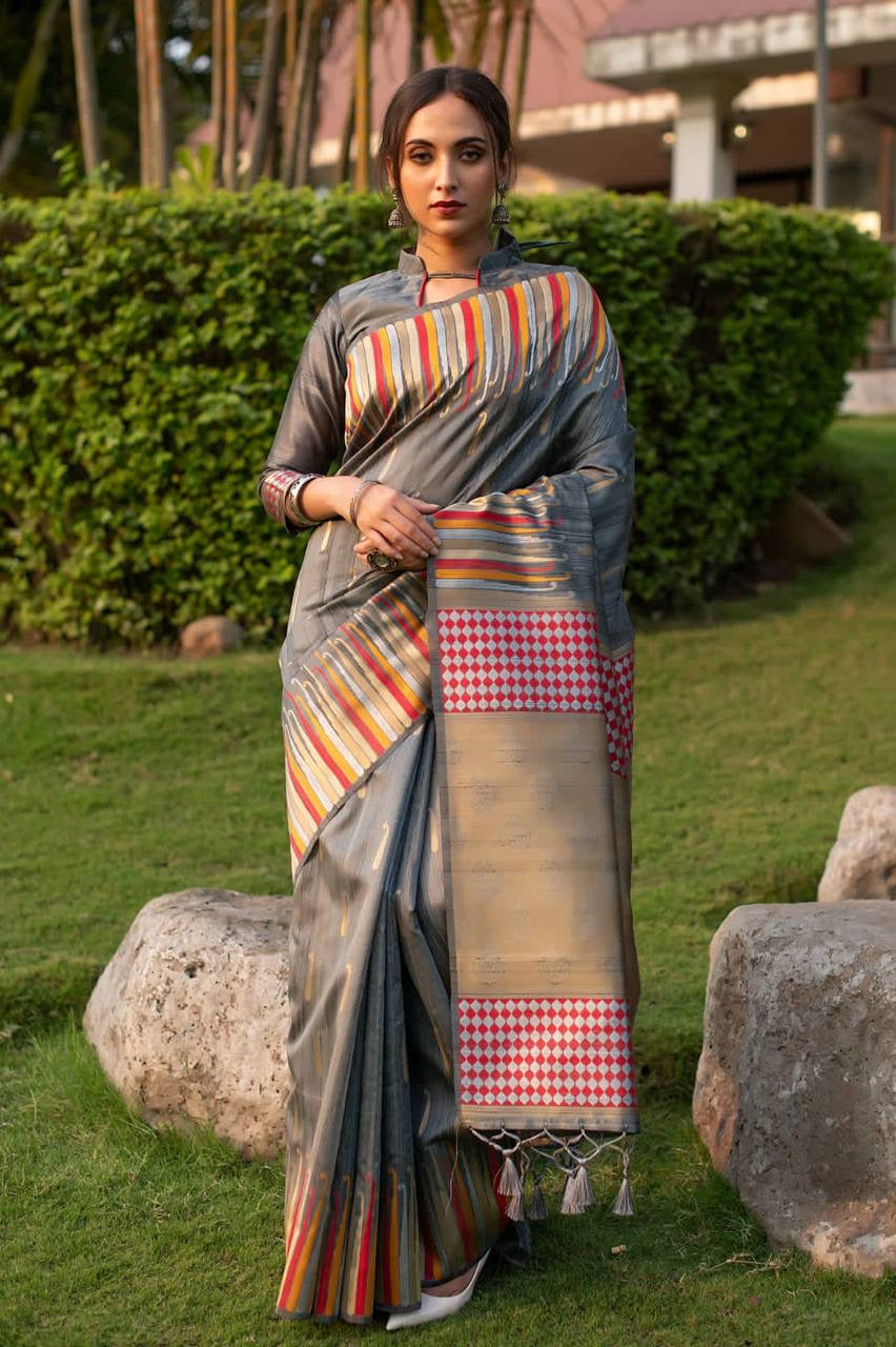 Pure Tussar silk weaving saree with ikkat woven Border