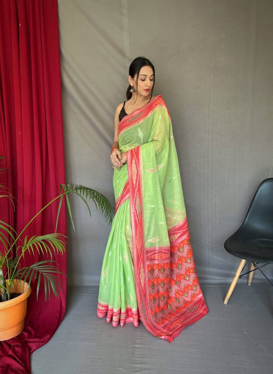 Linen Saree With Chhap Bordered And Ikkat Weaved With Motifs