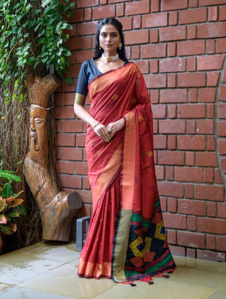 Soft Raw Silk Weaving Saree With Ikkat Woven Pallu