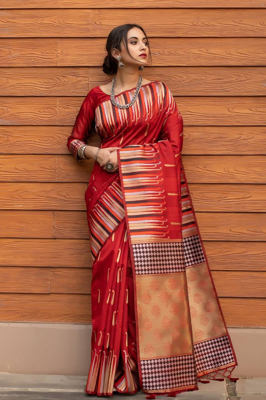 Pure Tussar silk weaving saree with ikkat woven Border