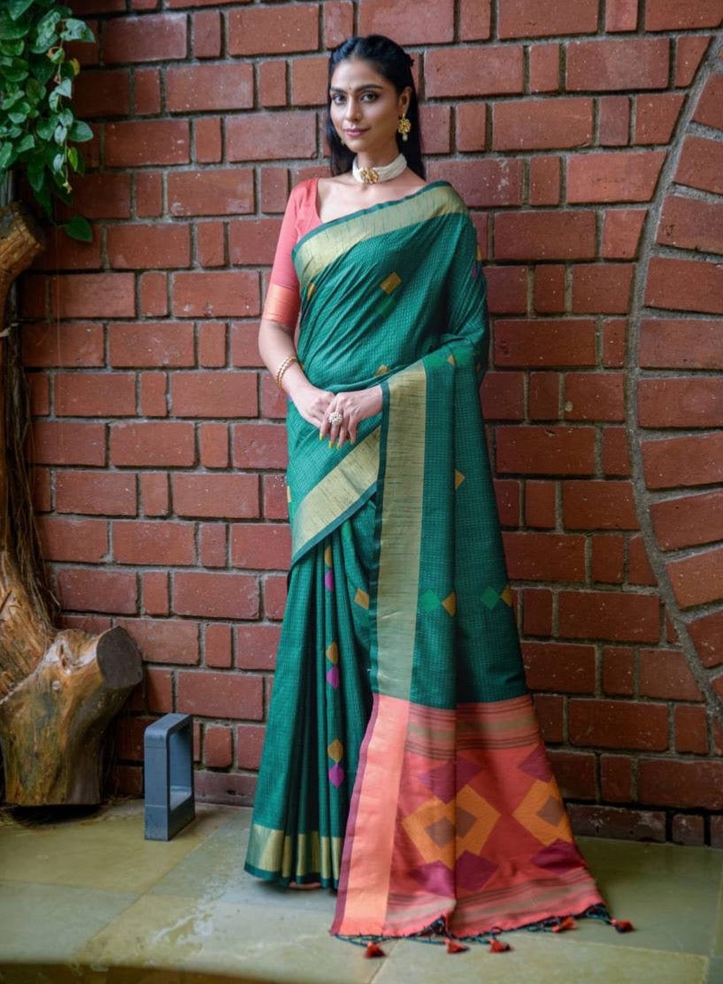 Soft Raw Silk Weaving Saree With Ikkat Woven Pallu