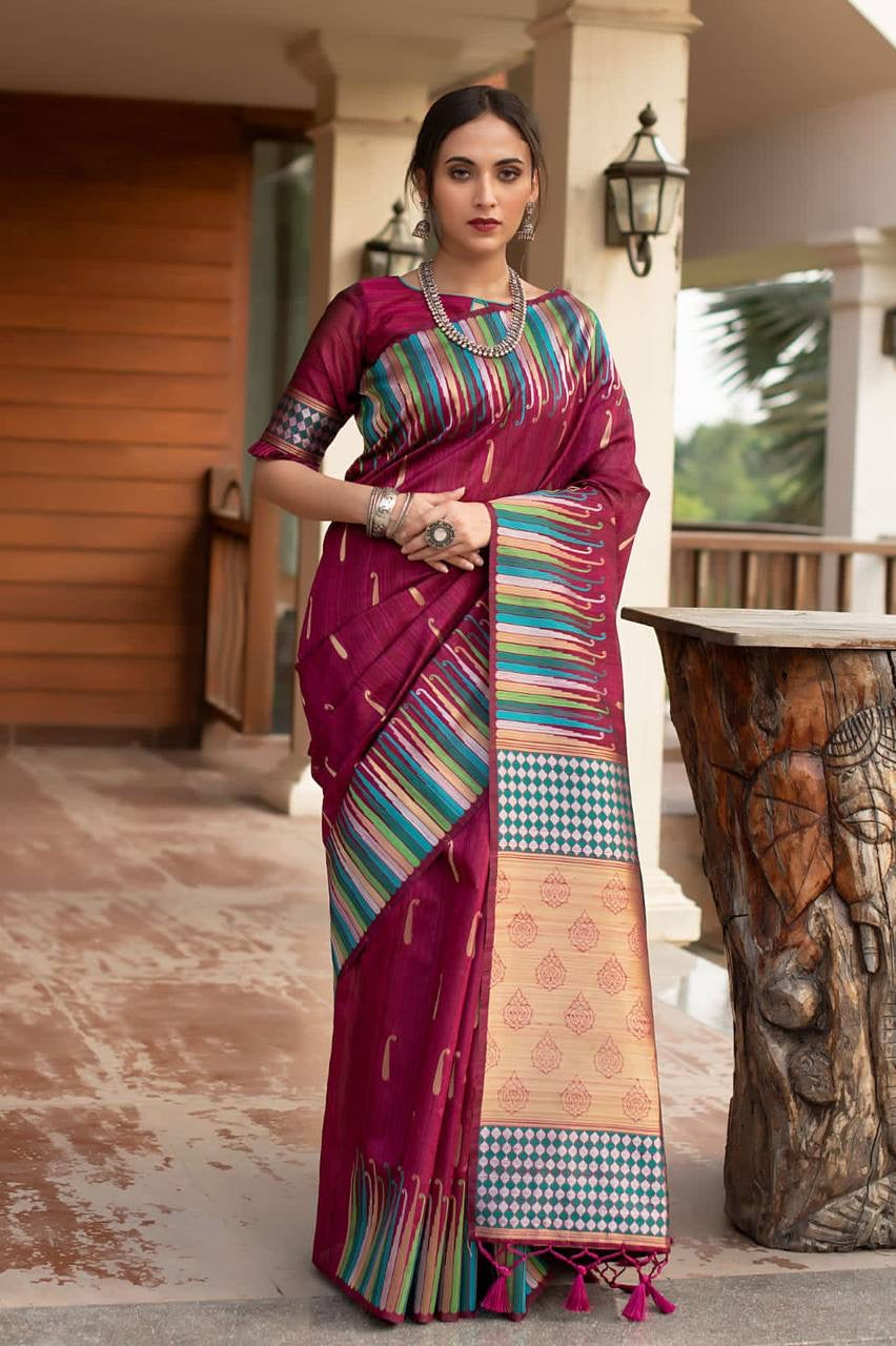 Pure Tussar silk weaving saree with ikkat woven Border