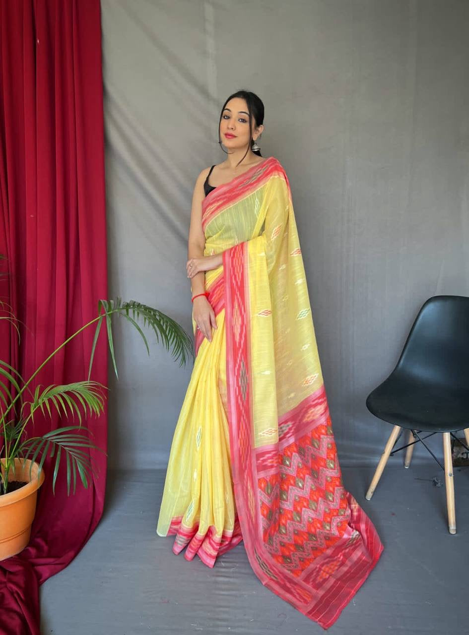 Linen Saree With Chhap Bordered And Ikkat Weaved With Motifs